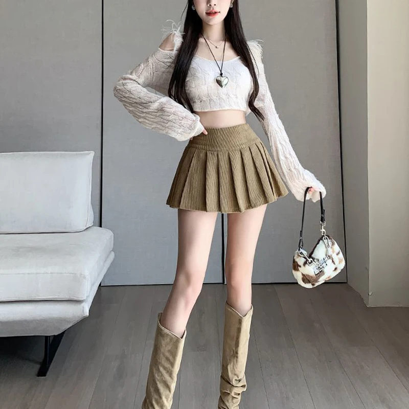 Zoki Corduroy Women Pleated Skirt Y2K High Waist Korean Casual Mini Skirts Femme Vintage Preppy Style Sweet A Line Skirts New