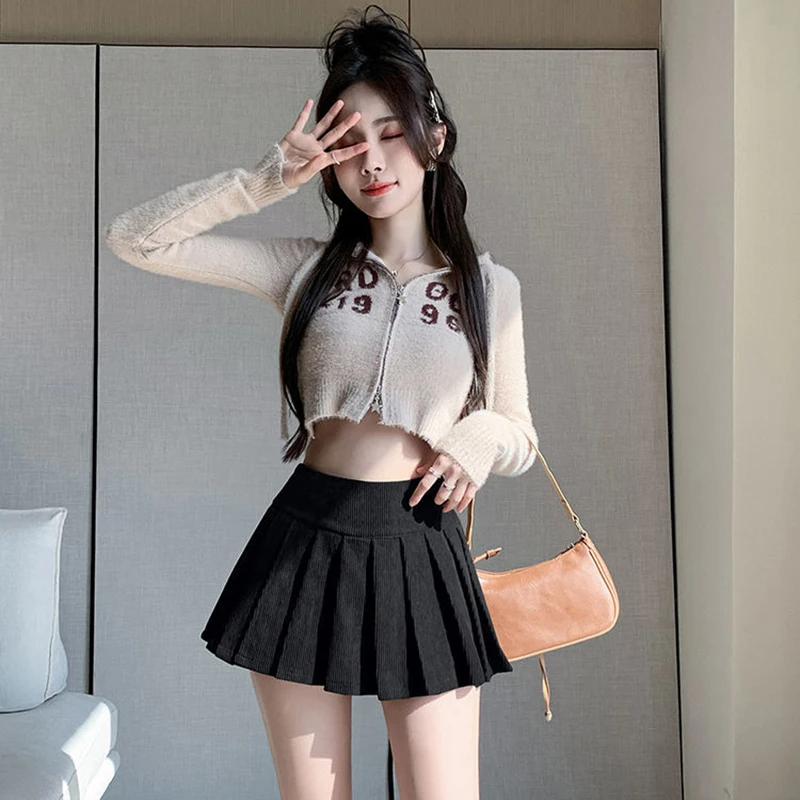 Zoki Corduroy Women Pleated Skirt Y2K High Waist Korean Casual Mini Skirts Femme Vintage Preppy Style Sweet A Line Skirts New