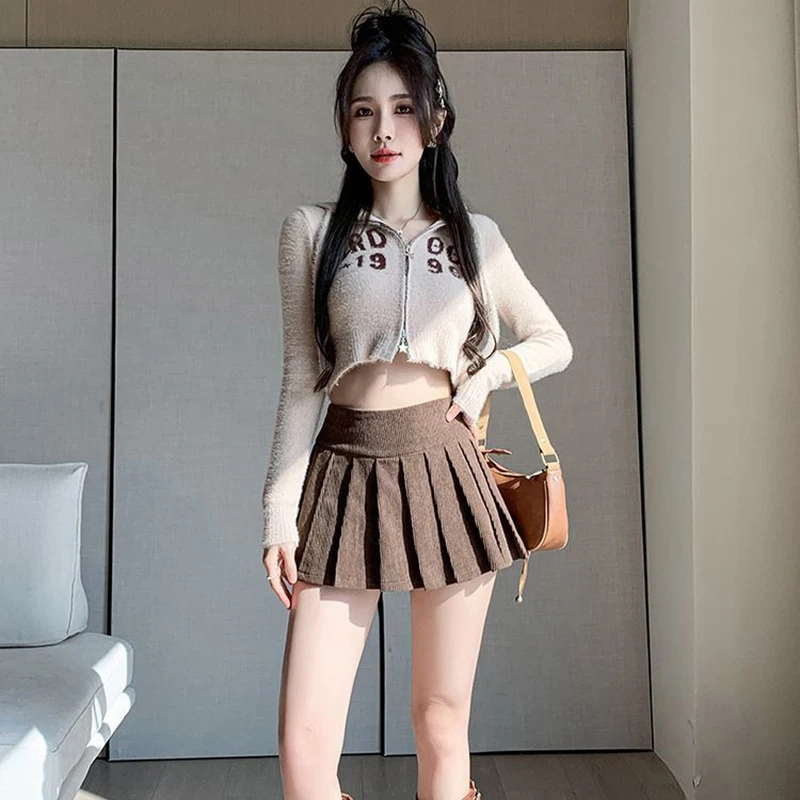 Zoki Corduroy Women Pleated Skirt Y2K High Waist Korean Casual Mini Skirts Femme Vintage Preppy Style Sweet A Line Skirts New