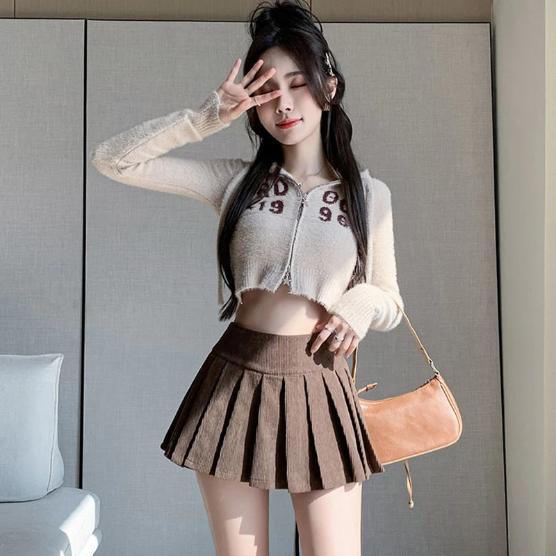 Zoki Corduroy Women Pleated Skirt Y2K High Waist Korean Casual Mini Skirts Femme Vintage Preppy Style Sweet A Line Skirts New