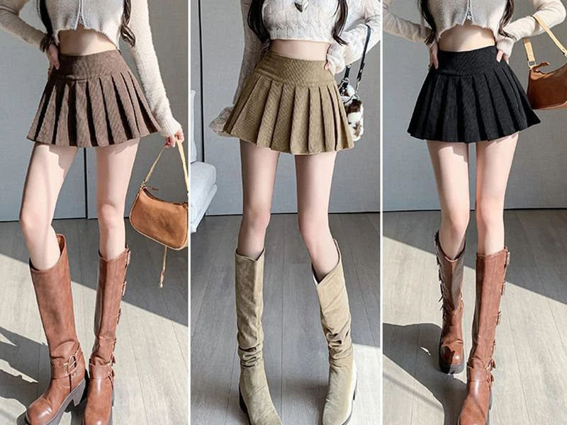 Zoki Corduroy Women Pleated Skirt Y2K High Waist Korean Casual Mini Skirts Femme Vintage Preppy Style Sweet A Line Skirts New