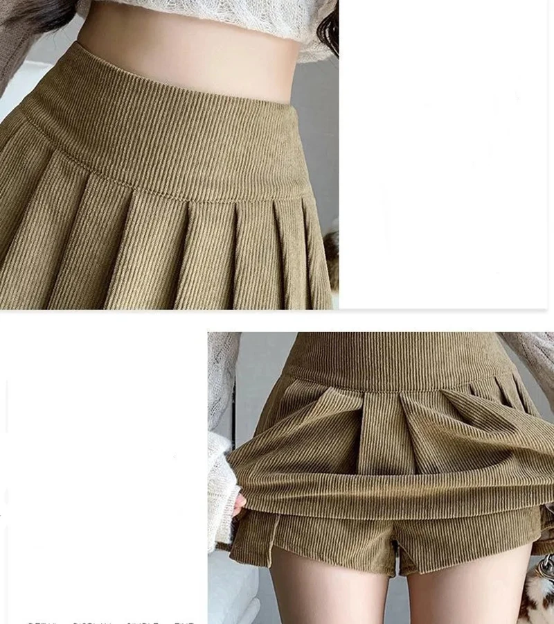Zoki Corduroy Women Pleated Skirt Y2K High Waist Korean Casual Mini Skirts Femme Vintage Preppy Style Sweet A Line Skirts New