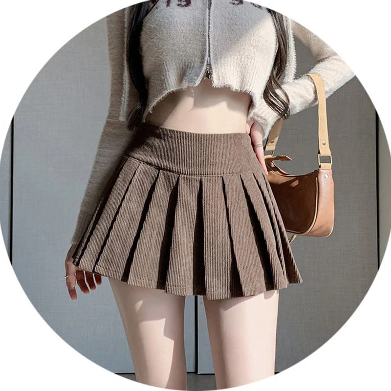 Zoki Corduroy Women Pleated Skirt Y2K High Waist Korean Casual Mini Skirts Femme Vintage Preppy Style Sweet A Line Skirts New