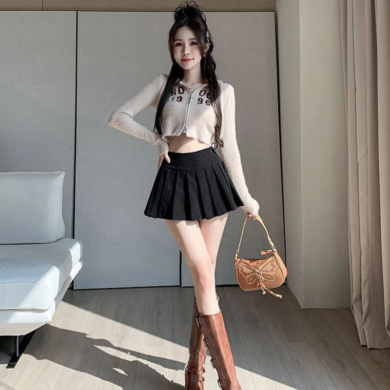 Zoki Corduroy Women Pleated Skirt Y2K High Waist Korean Casual Mini Skirts Femme Vintage Preppy Style Sweet A Line Skirts New