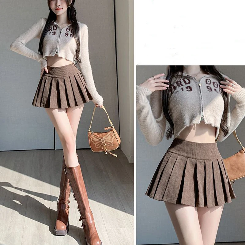 Zoki Corduroy Women Pleated Skirt Y2K High Waist Korean Casual Mini Skirts Femme Vintage Preppy Style Sweet A Line Skirts New