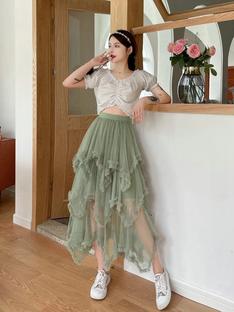 Summer Tulle Cake Skirt Women Fashion Elegant High Waist Chic Ball Gown Skirt Female Loose Mesh Irrgular Long Skirts