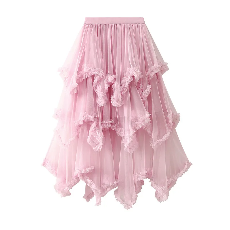Summer Tulle Cake Skirt Women Fashion Elegant High Waist Chic Ball Gown Skirt Female Loose Mesh Irrgular Long Skirts