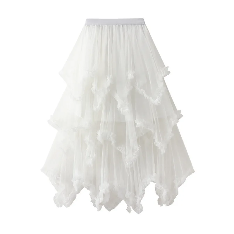 Summer Tulle Cake Skirt Women Fashion Elegant High Waist Chic Ball Gown Skirt Female Loose Mesh Irrgular Long Skirts