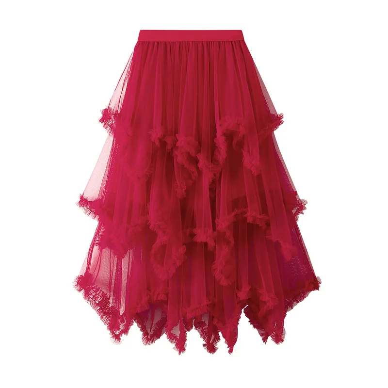 Summer Tulle Cake Skirt Women Fashion Elegant High Waist Chic Ball Gown Skirt Female Loose Mesh Irrgular Long Skirts