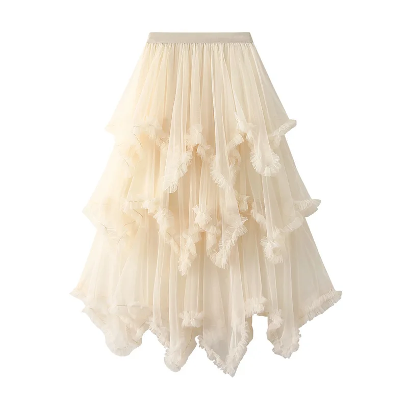 Summer Tulle Cake Skirt Women Fashion Elegant High Waist Chic Ball Gown Skirt Female Loose Mesh Irrgular Long Skirts