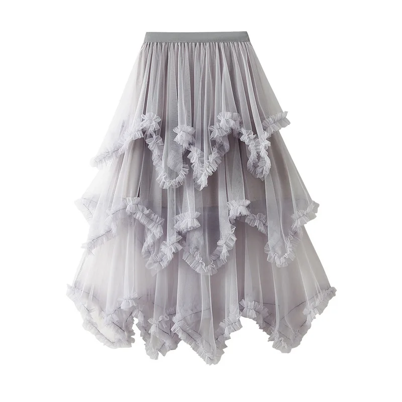 Summer Tulle Cake Skirt Women Fashion Elegant High Waist Chic Ball Gown Skirt Female Loose Mesh Irrgular Long Skirts