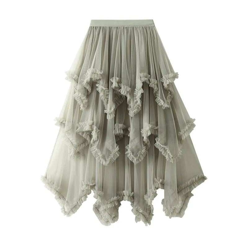 Summer Tulle Cake Skirt Women Fashion Elegant High Waist Chic Ball Gown Skirt Female Loose Mesh Irrgular Long Skirts
