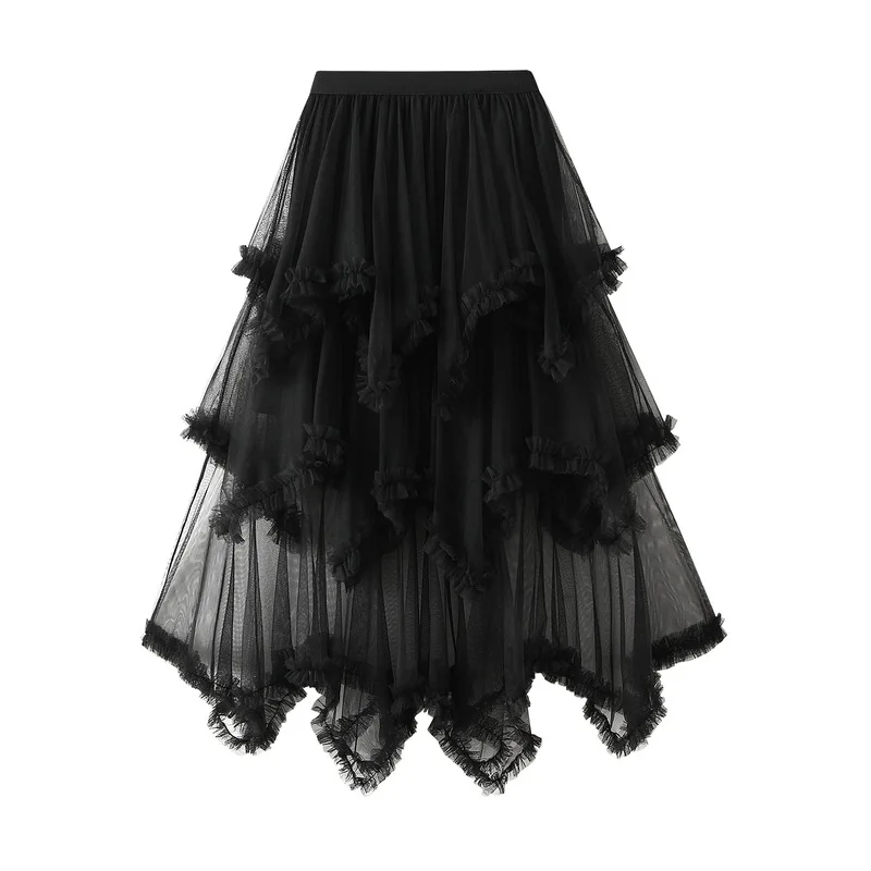 Summer Tulle Cake Skirt Women Fashion Elegant High Waist Chic Ball Gown Skirt Female Loose Mesh Irrgular Long Skirts