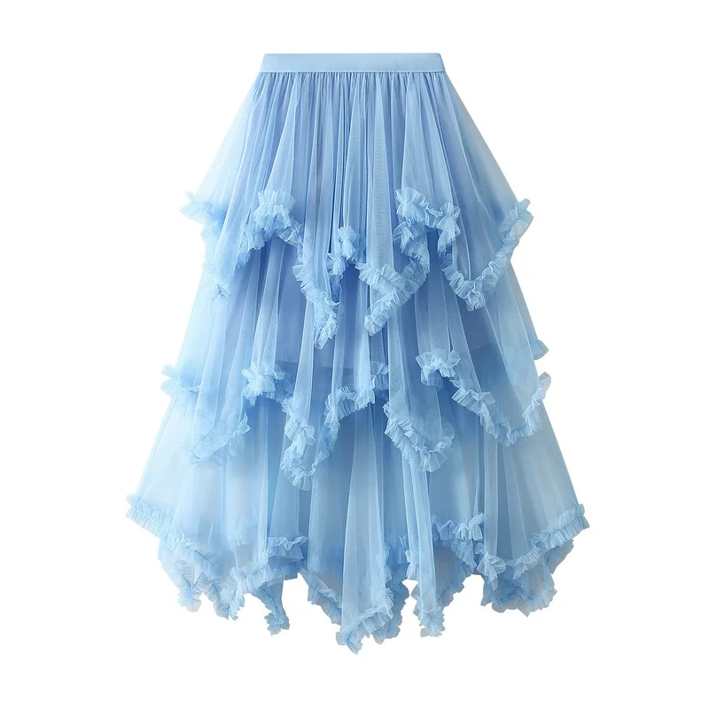 Summer Tulle Cake Skirt Women Fashion Elegant High Waist Chic Ball Gown Skirt Female Loose Mesh Irrgular Long Skirts