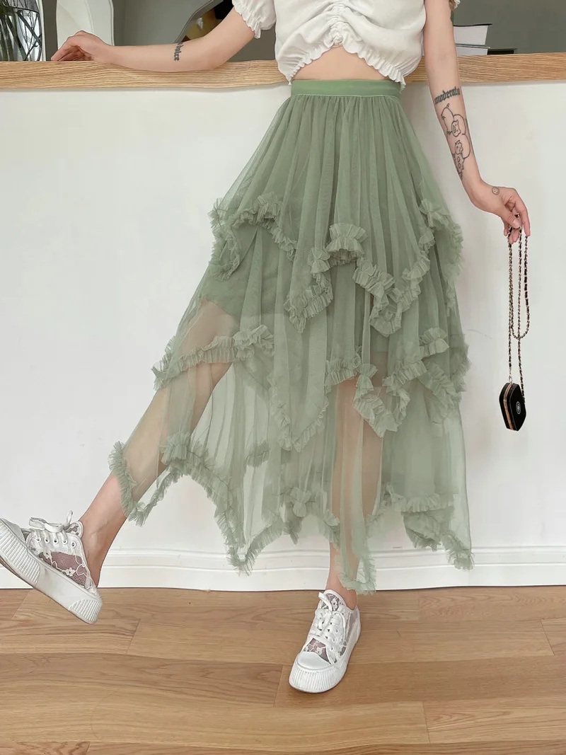 Summer Tulle Cake Skirt Women Fashion Elegant High Waist Chic Ball Gown Skirt Female Loose Mesh Irrgular Long Skirts