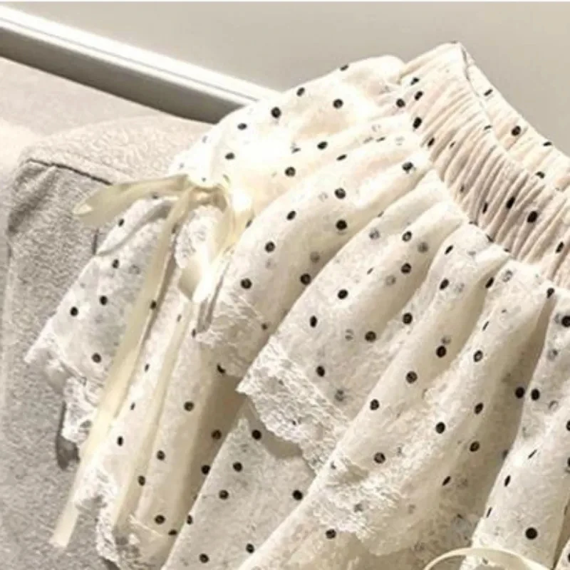 MEXZT Kawaii Dots Mini Skirt Women Japanese Cute Lace Bow Ball Gown Skirts Summer Korean High Waist Ruffles Casual A Line Skirt