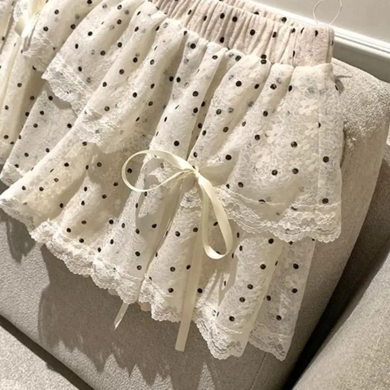 MEXZT Kawaii Dots Mini Skirt Women Japanese Cute Lace Bow Ball Gown Skirts Summer Korean High Waist Ruffles Casual A Line Skirt