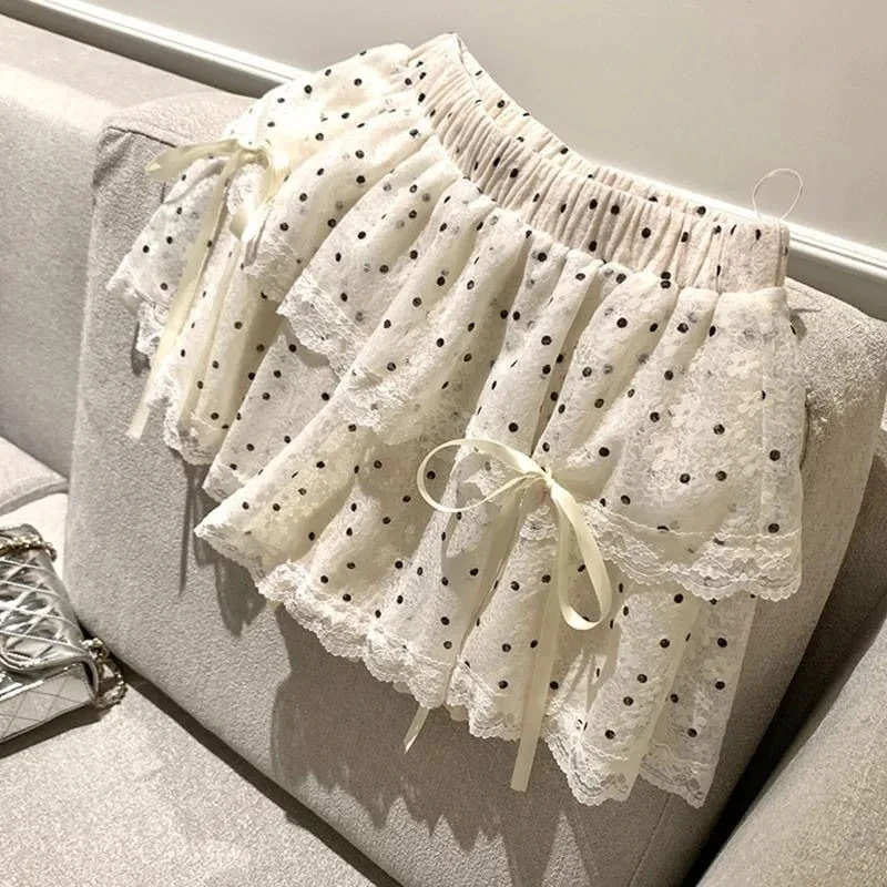 MEXZT Kawaii Dots Mini Skirt Women Japanese Cute Lace Bow Ball Gown Skirts Summer Korean High Waist Ruffles Casual A Line Skirt