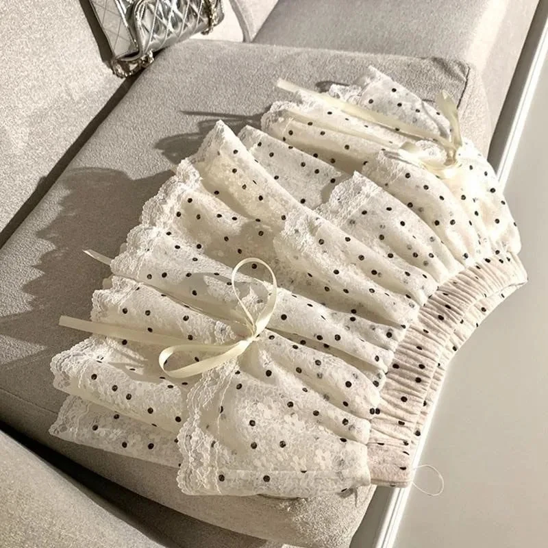 MEXZT Kawaii Dots Mini Skirt Women Japanese Cute Lace Bow Ball Gown Skirts Summer Korean High Waist Ruffles Casual A Line Skirt