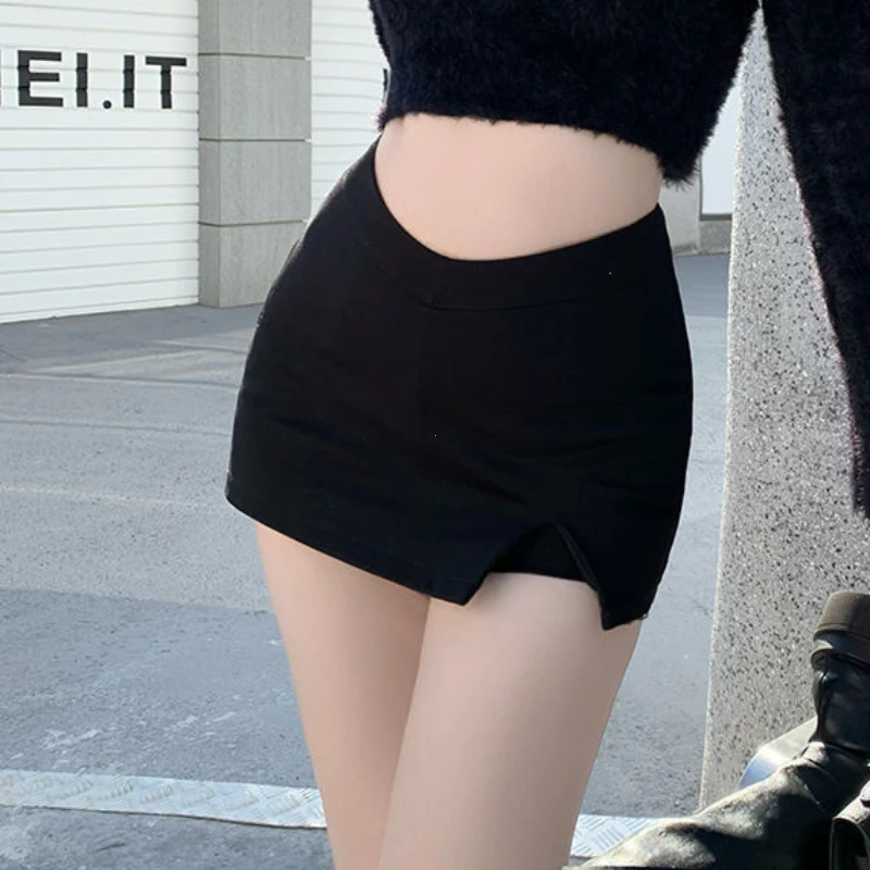 Black Split Mini Skirts Women Summer Sexy Club High Waist Slit Skirt Streetwear Korean Party Fashion Irregular Slim A Line Skirt