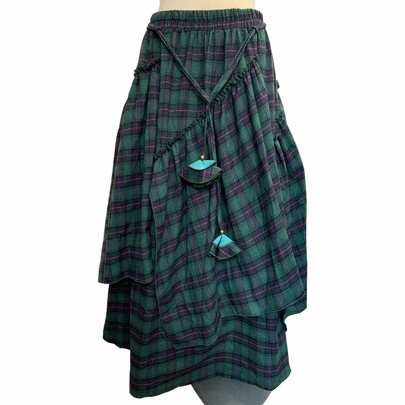 Women'S Vintage Checked Long Skirt Retro High Waist Maxi Tartan Skirt 2024 Spring Autumn Fashion Asymmetrical Flared Skirts