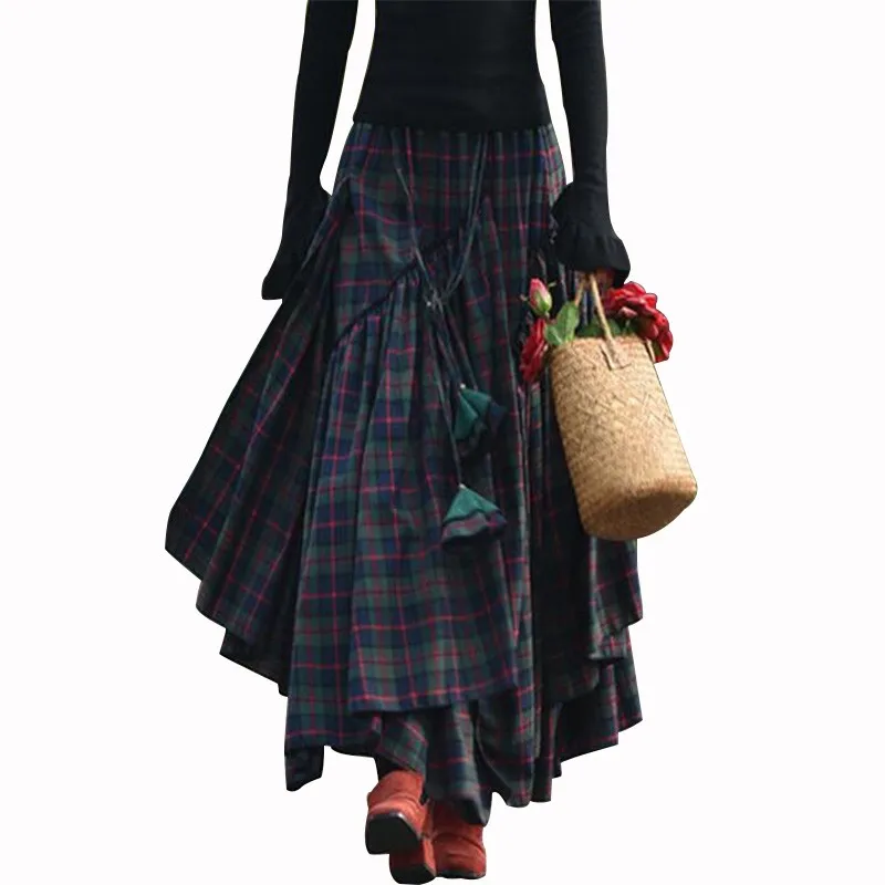 Women'S Vintage Checked Long Skirt Retro High Waist Maxi Tartan Skirt 2024 Spring Autumn Fashion Asymmetrical Flared Skirts