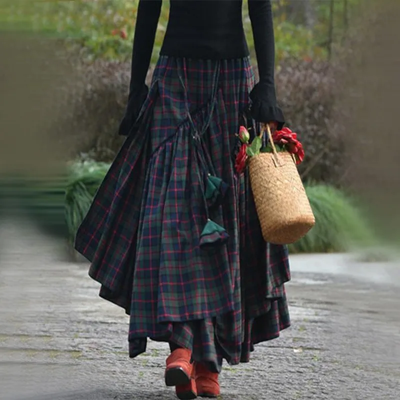 Women'S Vintage Checked Long Skirt Retro High Waist Maxi Tartan Skirt 2024 Spring Autumn Fashion Asymmetrical Flared Skirts