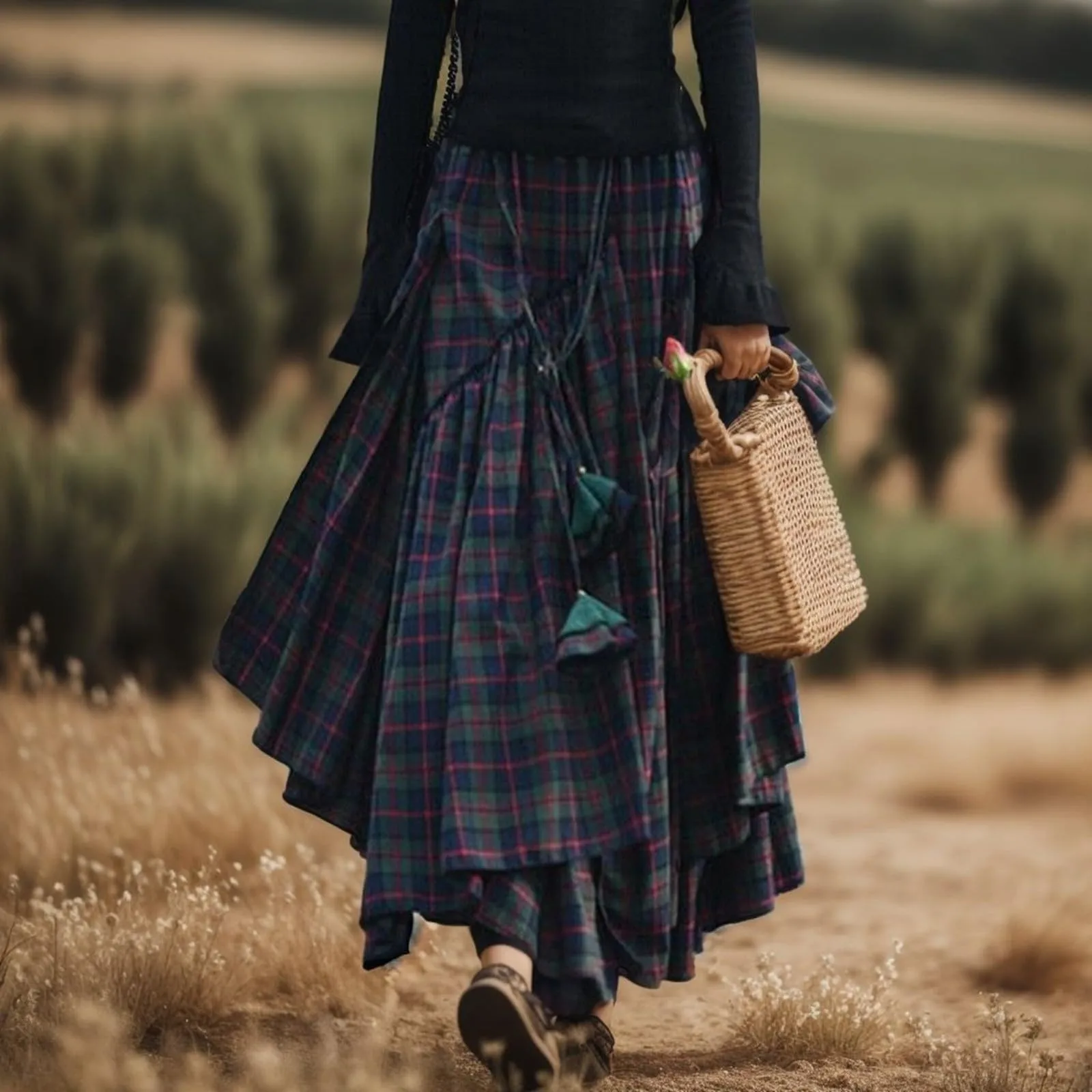Women'S Vintage Checked Long Skirt Retro High Waist Maxi Tartan Skirt 2024 Spring Autumn Fashion Asymmetrical Flared Skirts