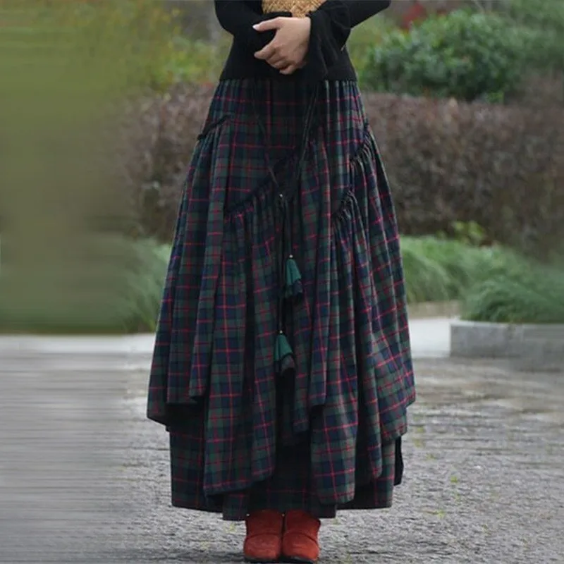 Women'S Vintage Checked Long Skirt Retro High Waist Maxi Tartan Skirt 2024 Spring Autumn Fashion Asymmetrical Flared Skirts