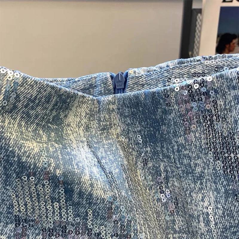 skirts for women Sequin denim bag hip skirt Summer new Korean version of high waist slim retro niche design Joker skirt.
