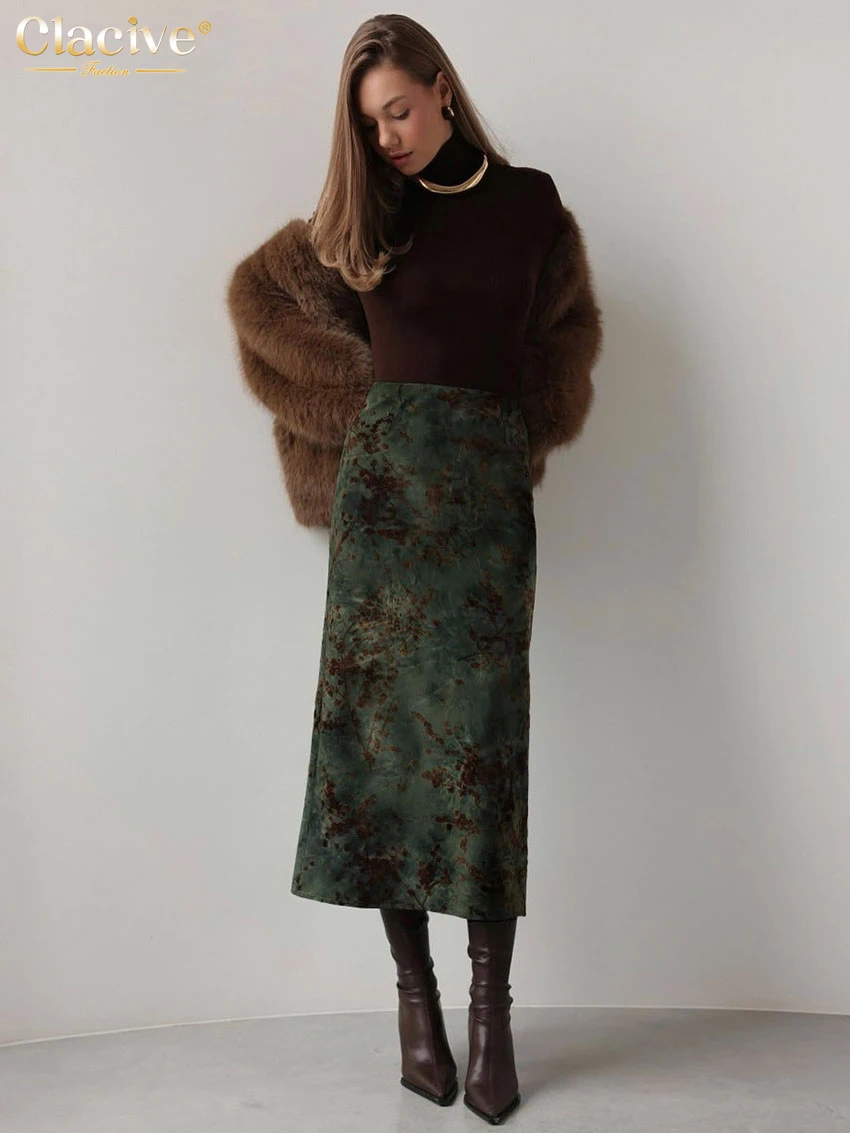 Clacive Fashion Loose Print Women's Skirt 2025 Vintage High Waist Midi Skirts Ladies Elegant Classic Skirt Female Clothing