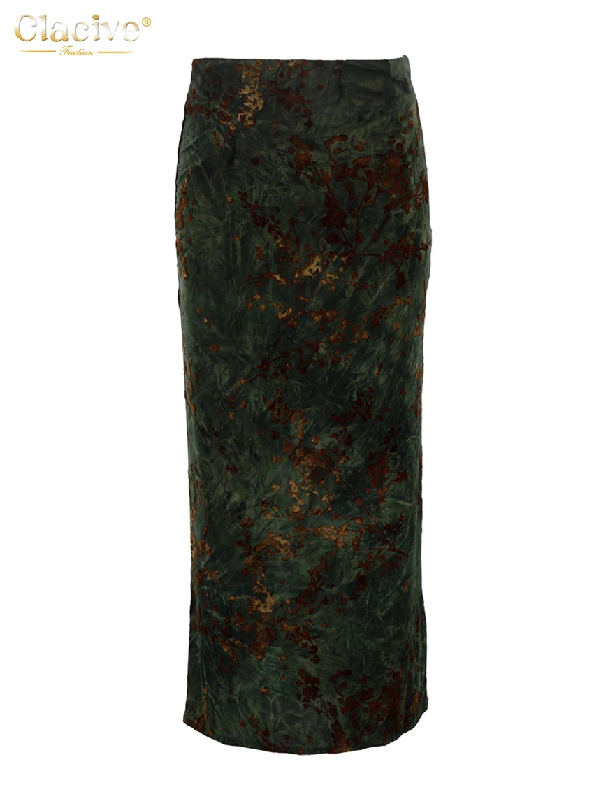Clacive Fashion Loose Print Women's Skirt 2025 Vintage High Waist Midi Skirts Ladies Elegant Classic Skirt Female Clothing