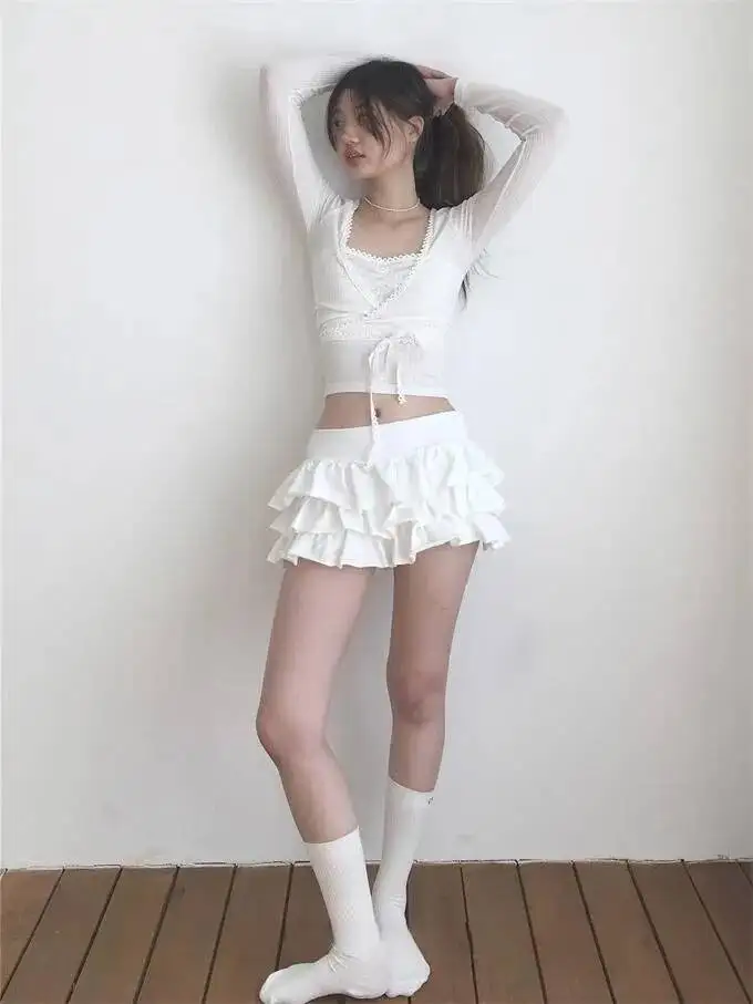 Sweet And Spicy Ballet F-length Skirt With Elastic Waist And Lace Hem Flared Cake-aped Ort Skirt For Young Women 8PO5