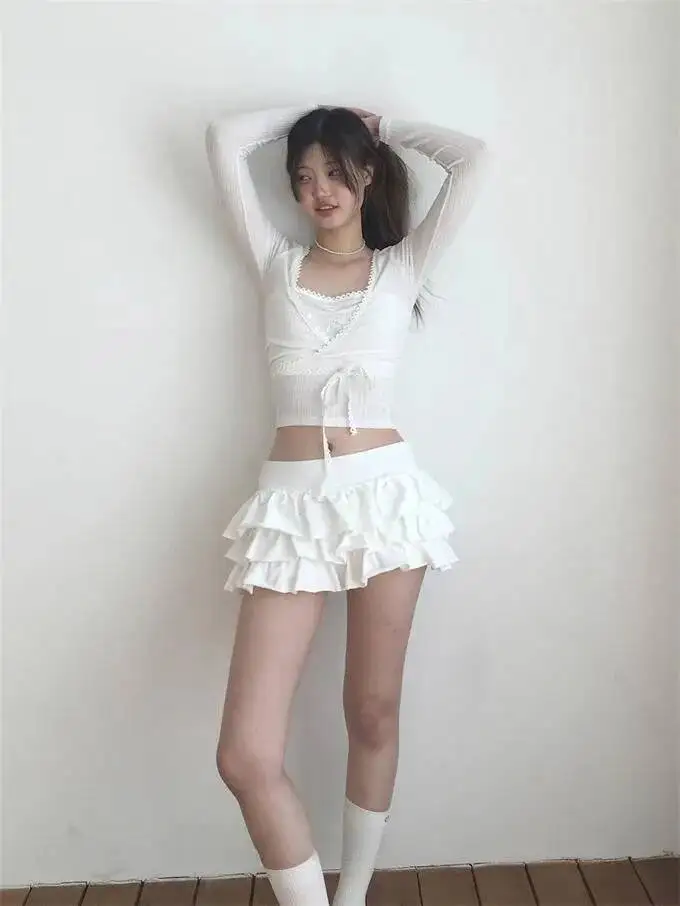 Sweet And Spicy Ballet F-length Skirt With Elastic Waist And Lace Hem Flared Cake-aped Ort Skirt For Young Women 8PO5