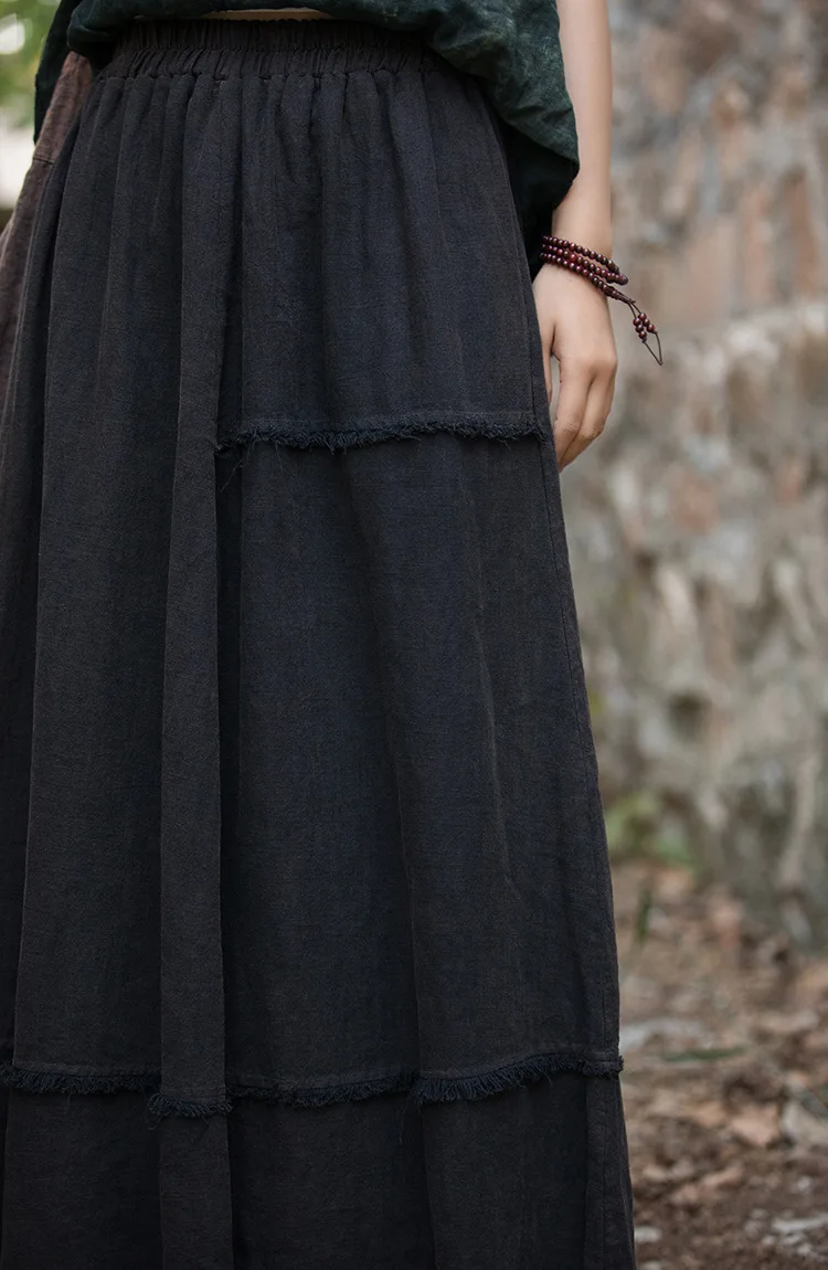 Johnature Women Vintage A-Line Skirts Cotton Linen Solid Color Elastic Waist Skirts 2025 New Autumn Patchwork Casual Skirts
