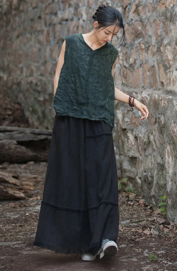 Johnature Women Vintage A-Line Skirts Cotton Linen Solid Color Elastic Waist Skirts 2025 New Autumn Patchwork Casual Skirts