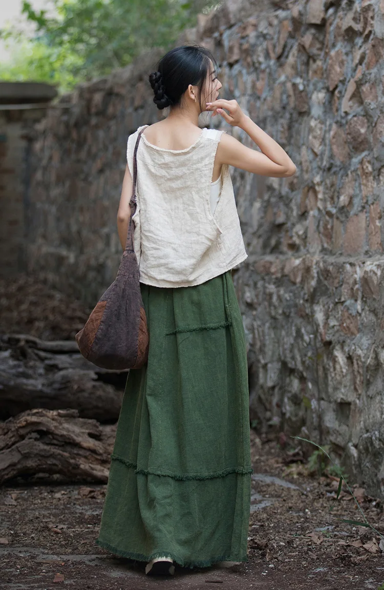 Johnature Women Vintage A-Line Skirts Cotton Linen Solid Color Elastic Waist Skirts 2025 New Autumn Patchwork Casual Skirts