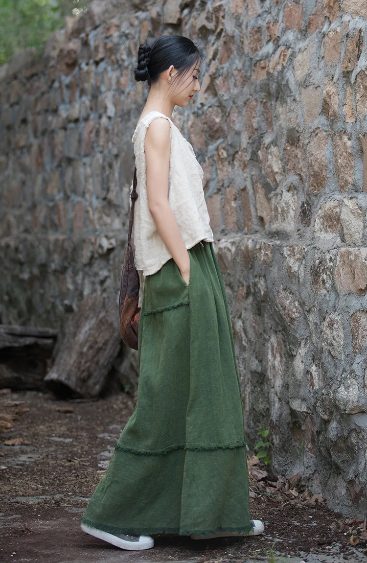 Johnature Women Vintage A-Line Skirts Cotton Linen Solid Color Elastic Waist Skirts 2025 New Autumn Patchwork Casual Skirts