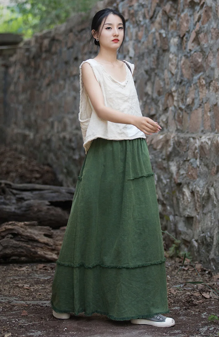 Johnature Women Vintage A-Line Skirts Cotton Linen Solid Color Elastic Waist Skirts 2025 New Autumn Patchwork Casual Skirts