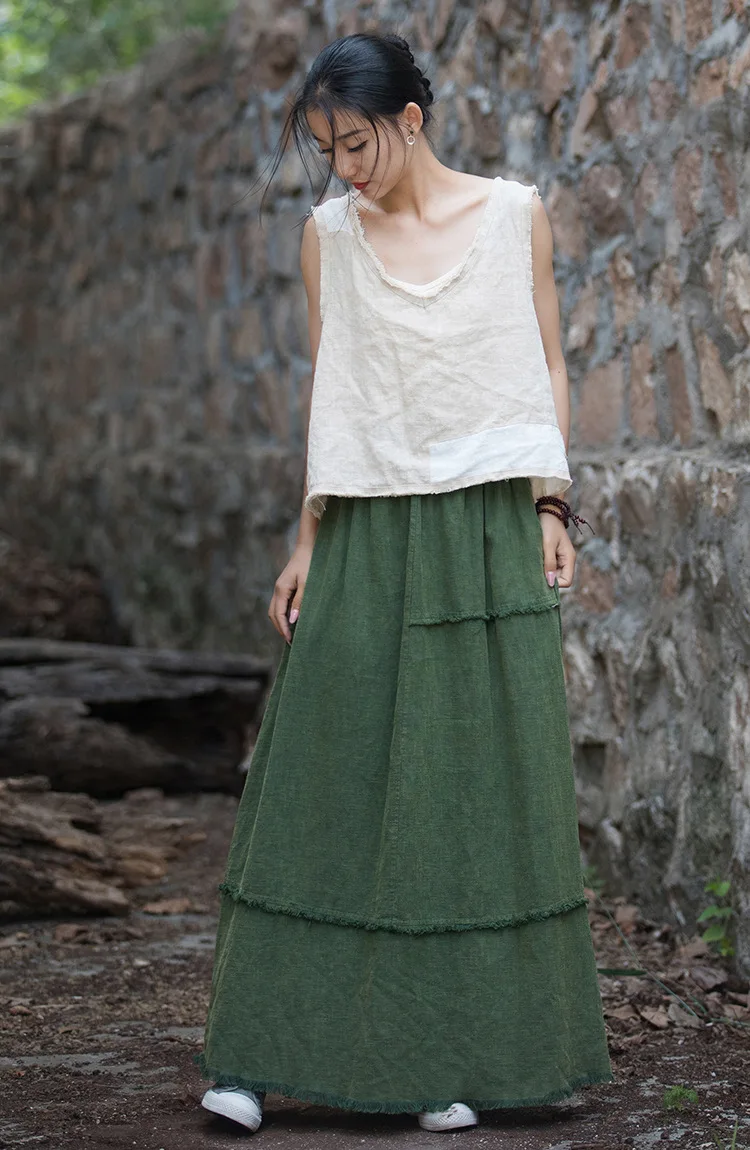 Johnature Women Vintage A-Line Skirts Cotton Linen Solid Color Elastic Waist Skirts 2025 New Autumn Patchwork Casual Skirts