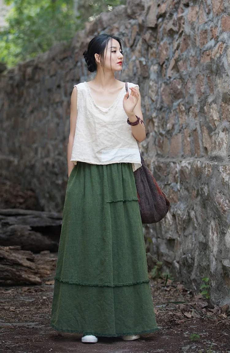 Johnature Women Vintage A-Line Skirts Cotton Linen Solid Color Elastic Waist Skirts 2025 New Autumn Patchwork Casual Skirts