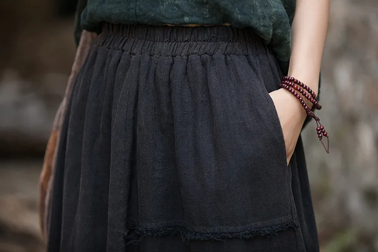 Johnature Women Vintage A-Line Skirts Cotton Linen Solid Color Elastic Waist Skirts 2025 New Autumn Patchwork Casual Skirts
