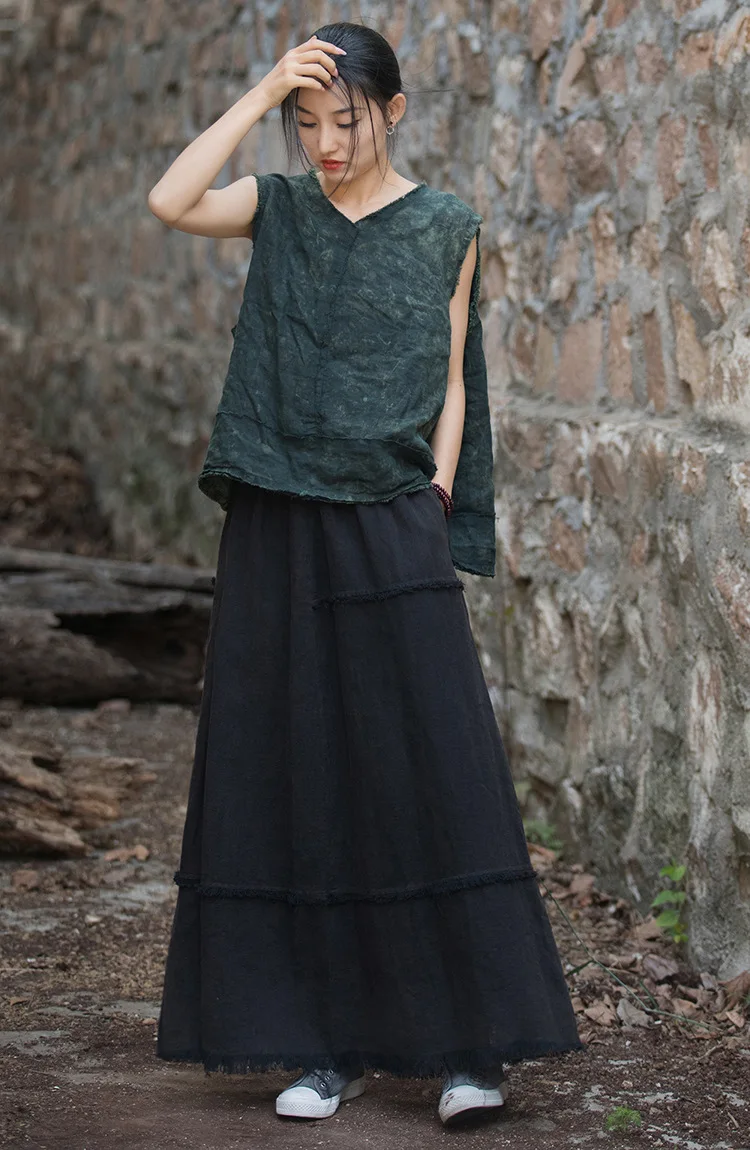 Johnature Women Vintage A-Line Skirts Cotton Linen Solid Color Elastic Waist Skirts 2025 New Autumn Patchwork Casual Skirts