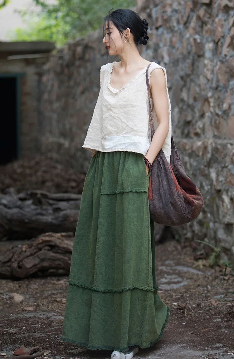 Johnature Women Vintage A-Line Skirts Cotton Linen Solid Color Elastic Waist Skirts 2025 New Autumn Patchwork Casual Skirts