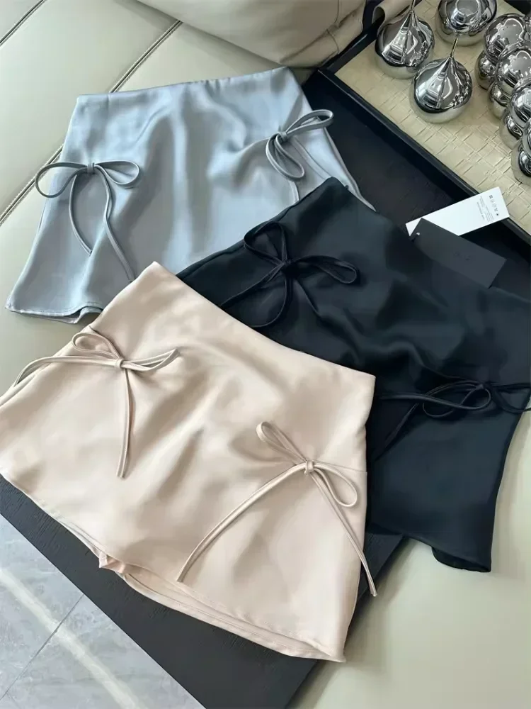 Bow Lace-up Satin Y2k Mini Skirts Women Pink Korean Style A-Line Skirts Summer 2026 High Waist Sexy Slim Sweet Short Skirts New