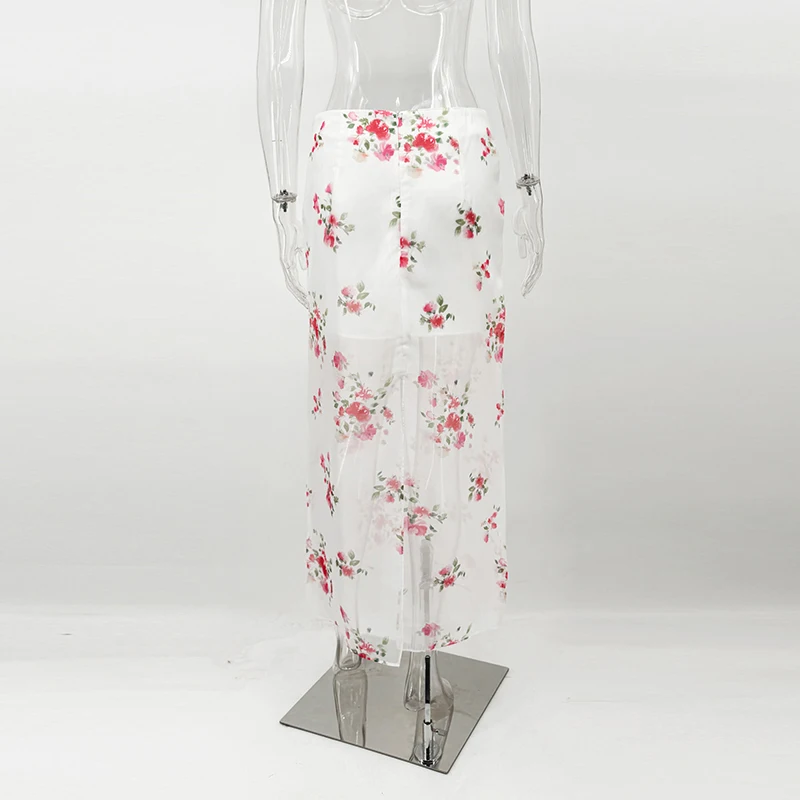 Tornova See Through Floral Print Skirt For Women High Waist Slit Sexy Long Skirt 2026 Summer New Straight Skirt Female Elegant