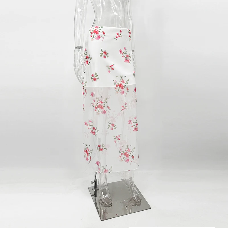 Tornova See Through Floral Print Skirt For Women High Waist Slit Sexy Long Skirt 2026 Summer New Straight Skirt Female Elegant