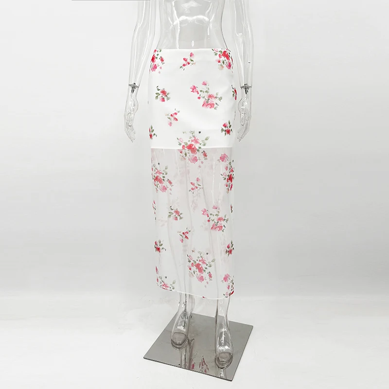 Tornova See Through Floral Print Skirt For Women High Waist Slit Sexy Long Skirt 2026 Summer New Straight Skirt Female Elegant
