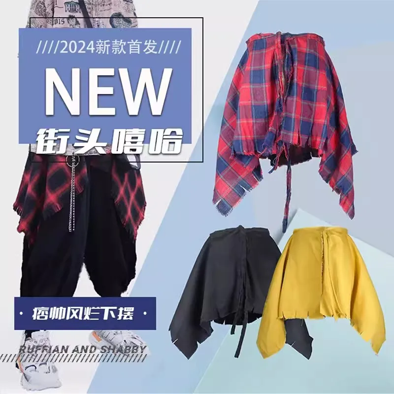 Fashion Tassel Hip Hop Irregular Men and Women Fake Shirt Hem Spring Autumn False Shirt Skirt Half-body Plaid Skirts Womens Saia