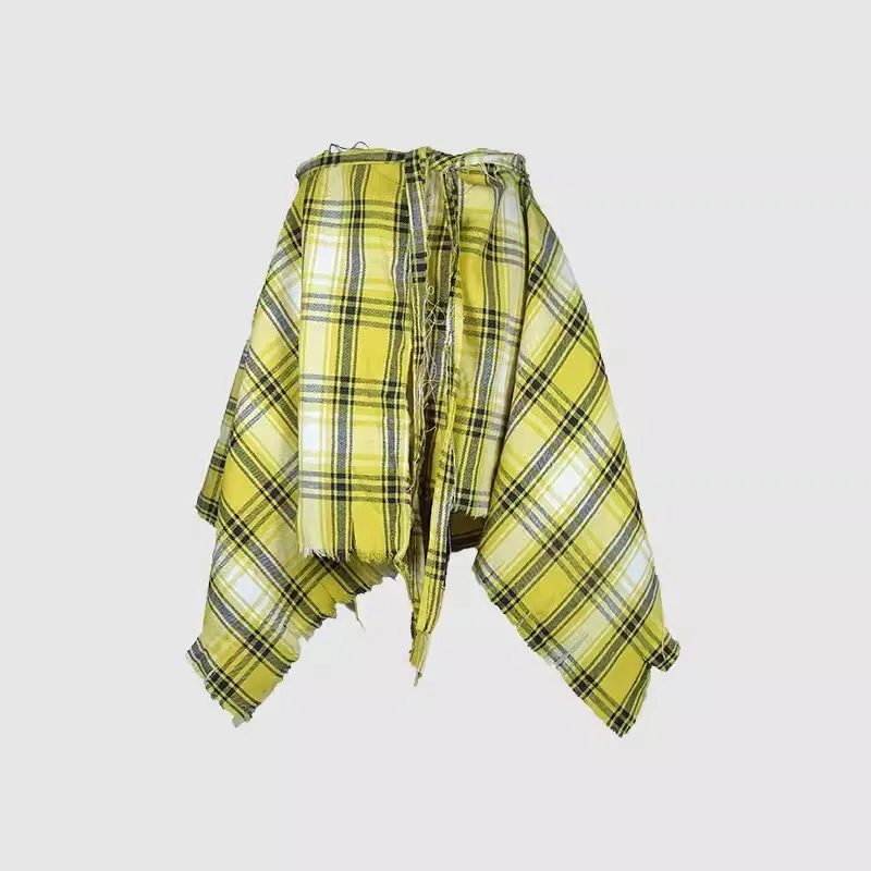 Fashion Tassel Hip Hop Irregular Men and Women Fake Shirt Hem Spring Autumn False Shirt Skirt Half-body Plaid Skirts Womens Saia